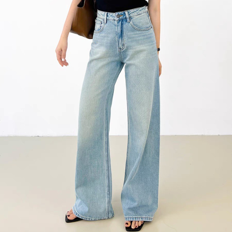 Blogger Beloved Lin * Yun Same High Waist Wide Leg High Support Cotton Jeans Retro Washed Loose Straight Pants Women