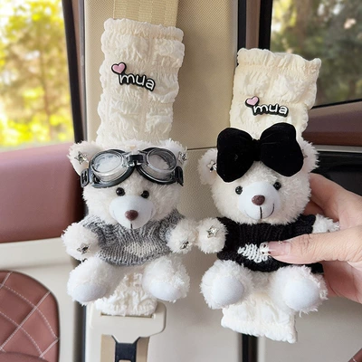 Belt Anti-Leveler Shoulder Cover Plush – Seat belt shoulder pad - white-bear-gray-love-sweater-white-bear-black-sweater-one-puff-plaid-shoulder-pad