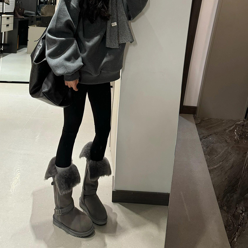 羊皮毛一体灰色雪地靴女2025新款复古两穿中筒加绒不过膝骑士靴|undefined