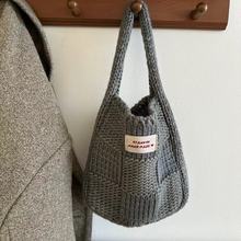 ins简约日韩格纹针织包手提包女毛线包包编织格纹百搭毛线手拎包