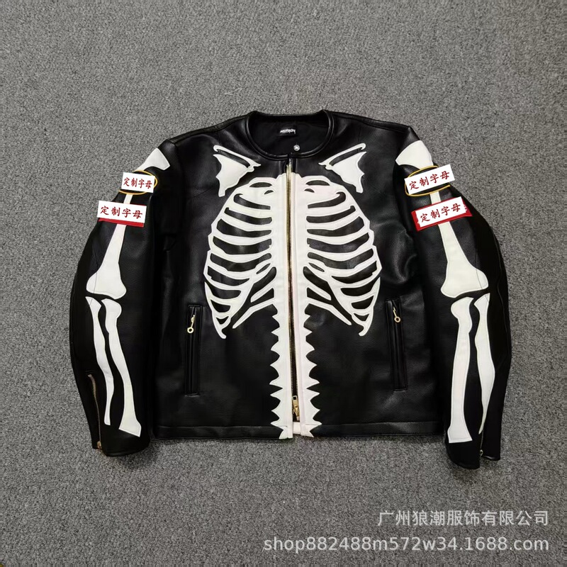 Leather Island x SUP co-branded skeleton motorcycle leather jacket, collarless racing jacket Leather Island x SUP co-branded skeleton motorcycle leather jacket, collarless racing jacket