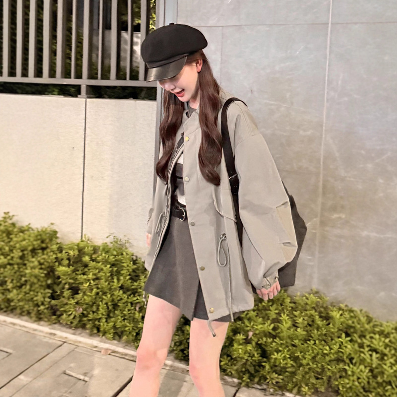 韩系高级感抽绳立领风衣外套女秋冬季2025新款小个子夹克短款上衣|undefined
