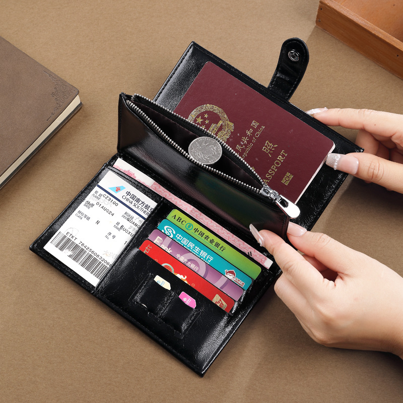 Cartera de pasaporte de cuero de cera de aceite retro Cartera de identificación multifuncional Caja de tarjeta de almacenamiento de múltiples tarjetas Carpeta de pasaporte en el extranjero RFID