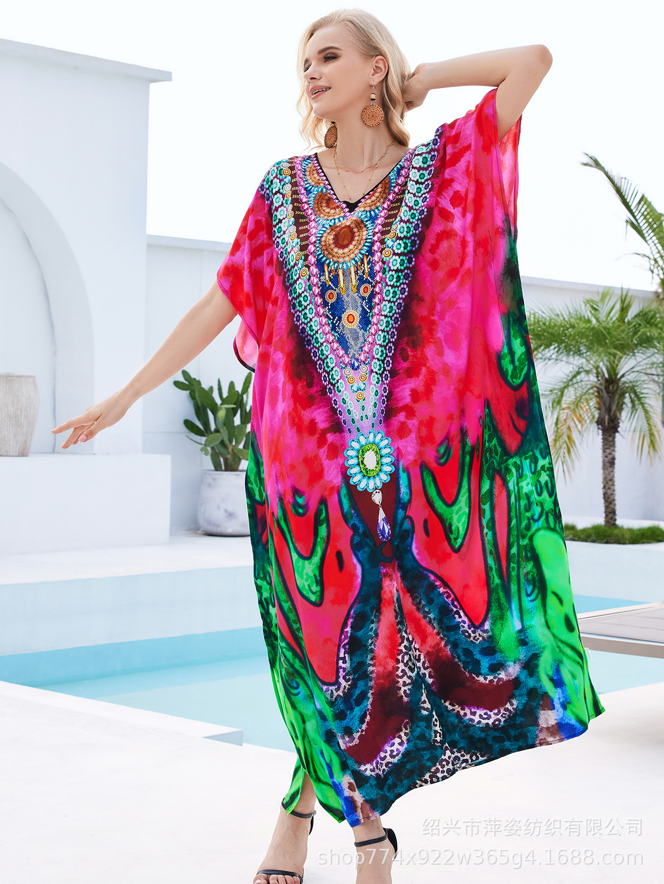 Camiseta de playa de algodón impresa de posicionamiento suelta vestido de vacaciones camisa protector solar bikini camisa AT603