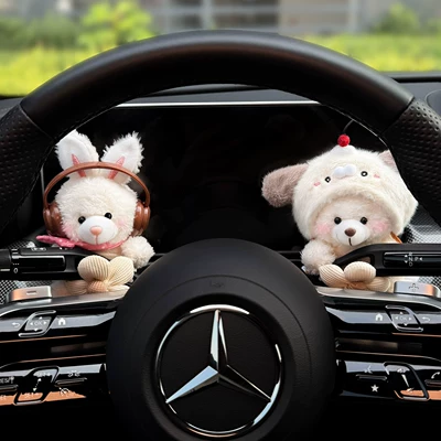 Cute Little Bear Car Dashboard Doll, Car Interior Wiper and Turn Signal Decoration, High-End Ornament, 2026 New Model (Sürətlər qutusu və əl tormozu başlıqları) - brown-headphones-polka-dot-pink-scarf-white-rabbit-little-puppy-headband-white-bear-and-popcorn-plush-toy-huai-bang-2