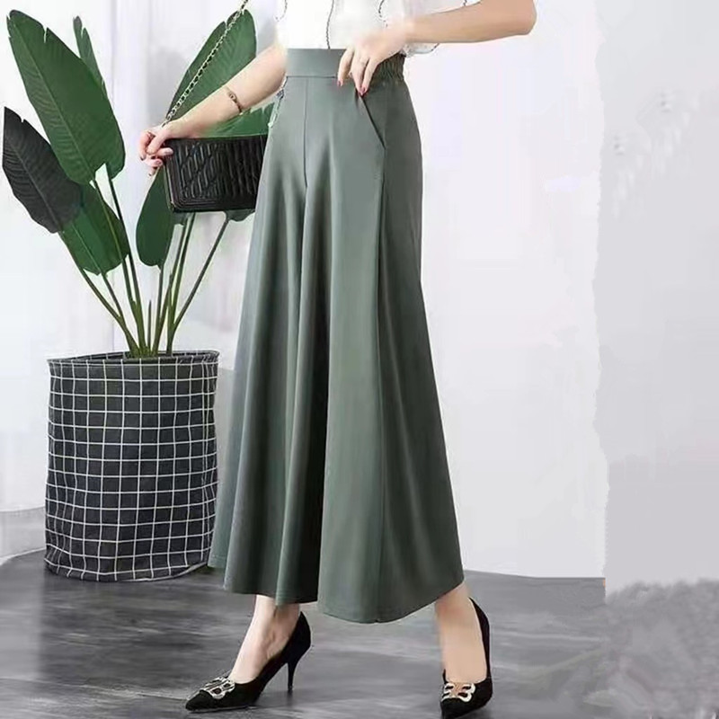 Mother's summer plus size wide-leg pants thin cropped culottes women's middle-aged elastic waist ice silk pants women's casual leggings