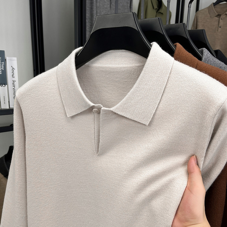 Polo de color sólido para hombres otoño y invierno moda jacquard camiseta de regazo de manga larga regazo nuevo suéter de hombre casual