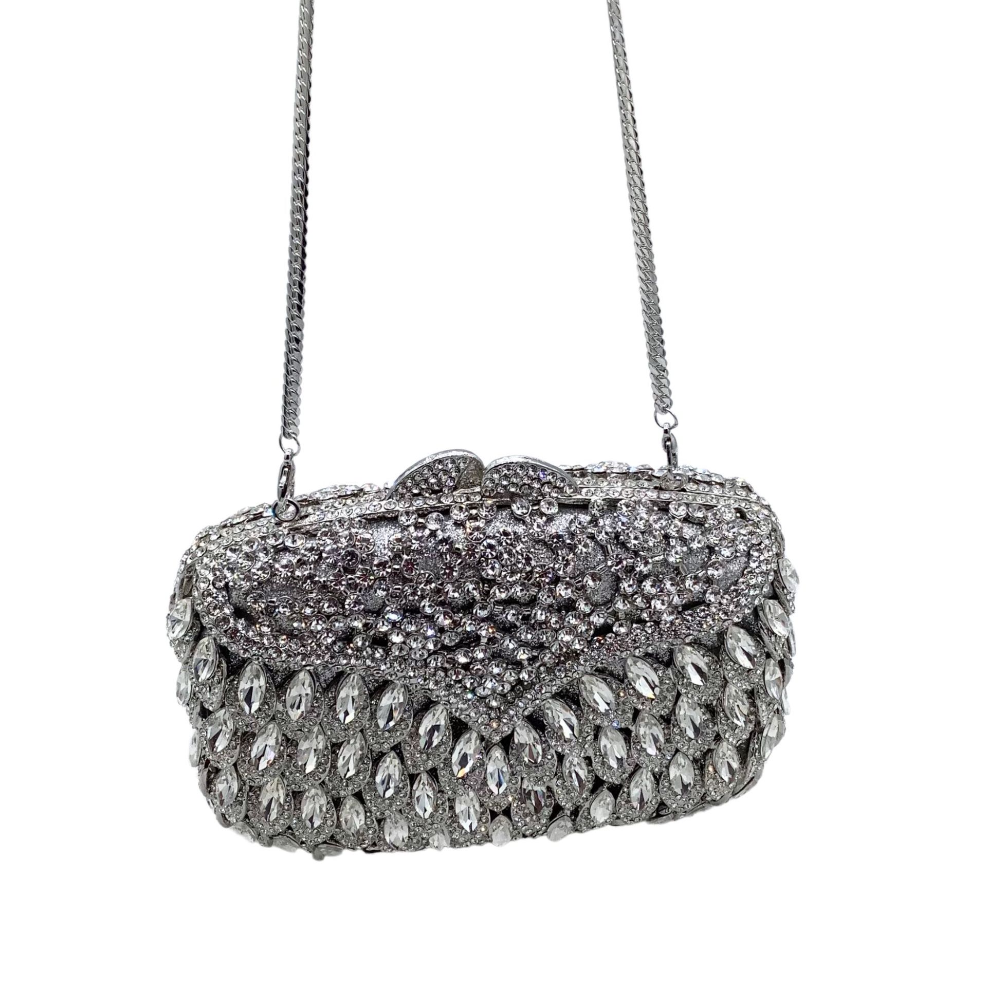 Túi clutch dạ hội nữ đính đá rhinestone kim loại rỗng cầm tay dự tiệc 17x12x5 cm — Nền vàng kim cương trắng, Màu bạc, Màu sâm panh, Màu xám chi tiết 1