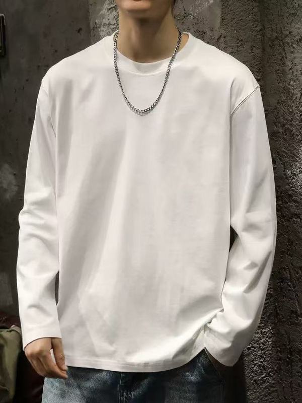 長袖Tシャツメンズ香港スタイルの新しい春と秋の厚手の純綿ルーズTシャツインナーレイヤリングシャツ無地トップ|undefined