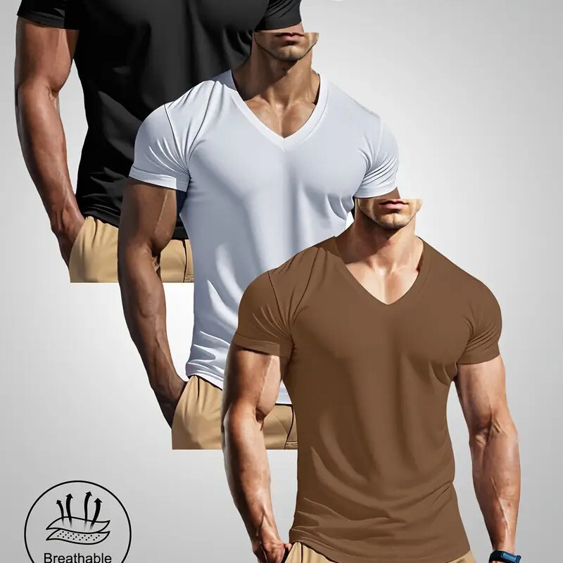 Amazon's Popular Men's V Neck Quick-Drying Casual T-Shirt Breathable Water-Absorbent and Sweat-Wicking High-Elastic Sports Fashion V Neck Short-Sleeved