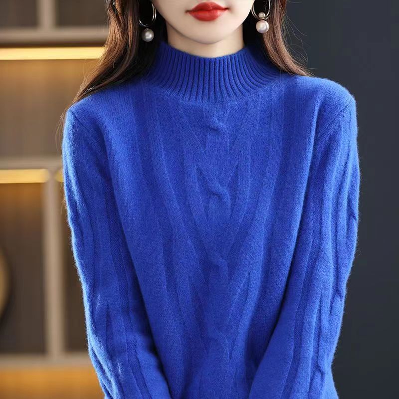 2024 otoño y invierno nuevo cómodo casual camiseta de punto de cuello medio alto de mujer torsión fondo suéter de punto suelto al por mayor