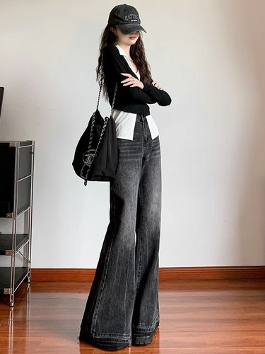 American Retro Micro Bell Bottom Jeans for Women - Autumn Hot Girl Design Sensory Frayed Horseshoe Pants - High Waist Loose Wide Leg Pants