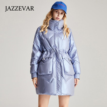 嘉泽华冬季新品女装潮流立领抽绳厚款保暖鸭绒中长款羽绒服女