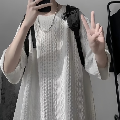 Heavyweight American-style men's T-shirt summer 5/8 sleeve simple niche upper clothing loose casual short-sleeve men's T-shirt trendy brand