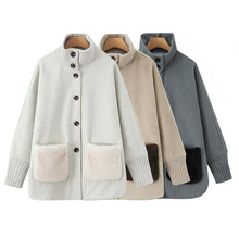 外贸2025冬季新款欧美风女装休闲宽松设计感长袖立领针织夹克外套