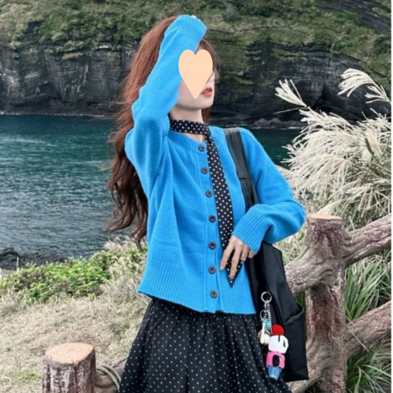 多巴胺克莱因蓝色长袖针织开衫女春秋新款宽松显瘦软糯糯毛衣外套|undefined
