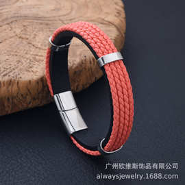 跨境欧美热销 个性DIY字印皮革编织不锈钢皮手链简约OL出街时尚