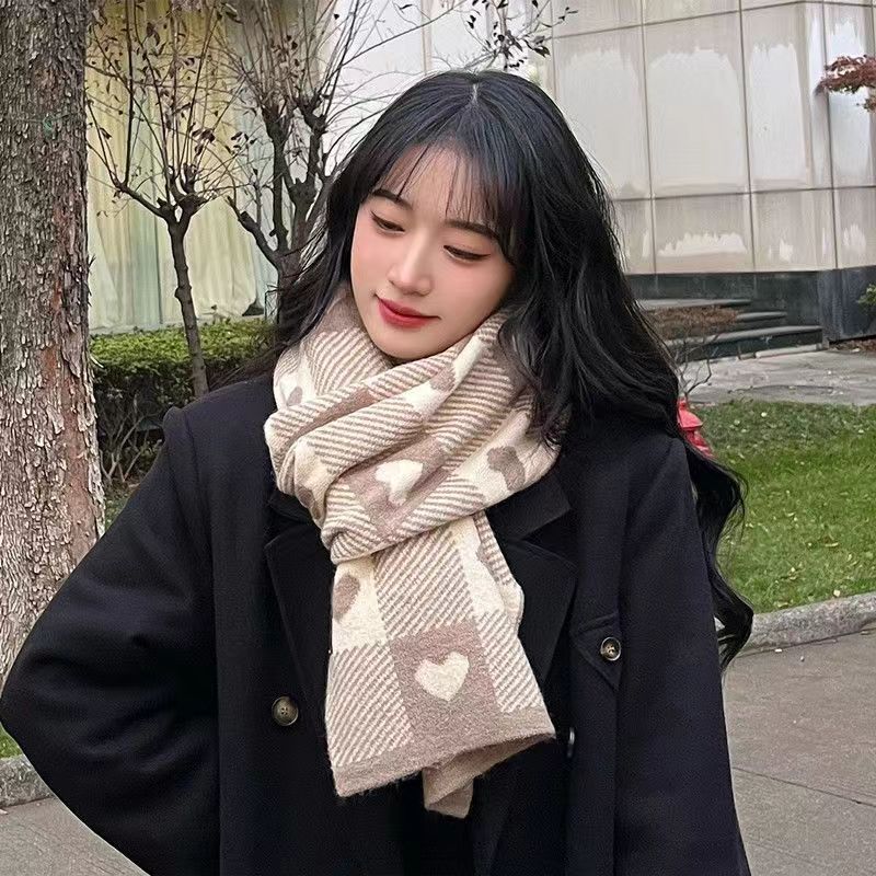 Herbst und Winter Kaschmirimitat Damen doppelseitiger Love Plaid Schal koreanischer Fransen warmer Schal vielseitig verdickter Schal_voghion.com