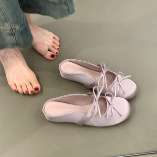 Inner Heightening Flat Comfortable Toe-Cap Sandals with Bow One-Line Satin Round Toe Half Slippers for Women