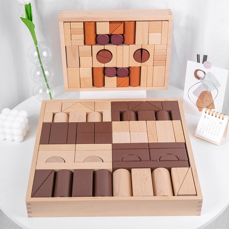 Nueva madera sólida de alta gama 46 bloques de caja de madera puzzle de educación temprana iluminación bloques de construcción de niños superpuestos enseñanza alta