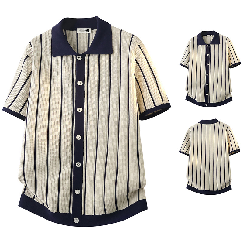 Camisas polo de cuello V camisa de punto de manga corta hombre cardigan rayas viejas líneas de hielo de viento de verano fábrica transfronteriza al por mayor