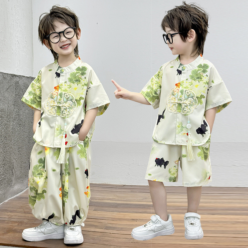 新しい子供の中国風スーツ夏の男の子の唐スーツ漢服半袖9点パンツ古代スタイルの新しい中国風の2点セット|undefined