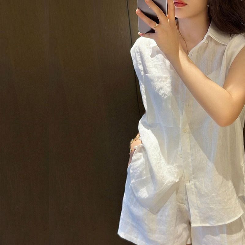 オールドマネースタイルリネンスーツ女性のシャツ夏の新しいファッション日焼け止め白綿とリネンシャツルーズワイドレッグショーツ|undefined