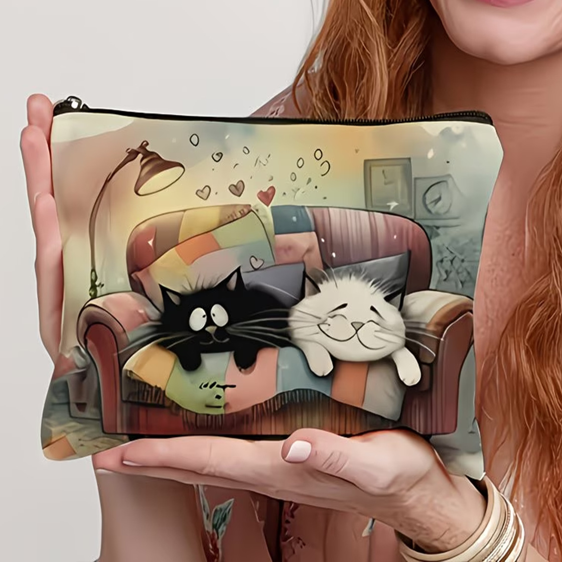 Fuente de fabricación directa de varios estilos de gato impresa bolsa de lona con cremallera bolsa de cambio de mano almacenamiento de cosméticos