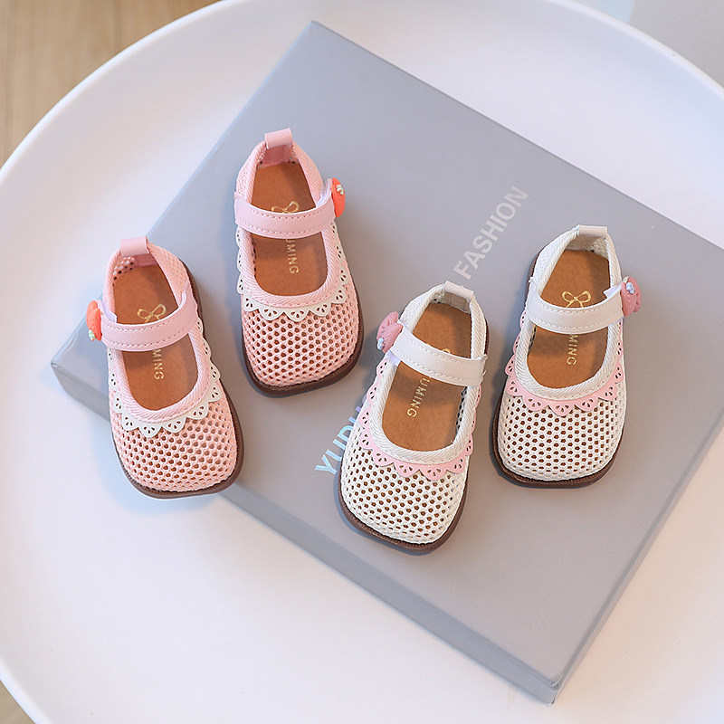 2022 neue Prinzessin Mode Kinder atmungsaktive Mesh-Schuhe Blume flacher Mund Mädchen Sandalen 1-3 Jahre alt_voghion.com