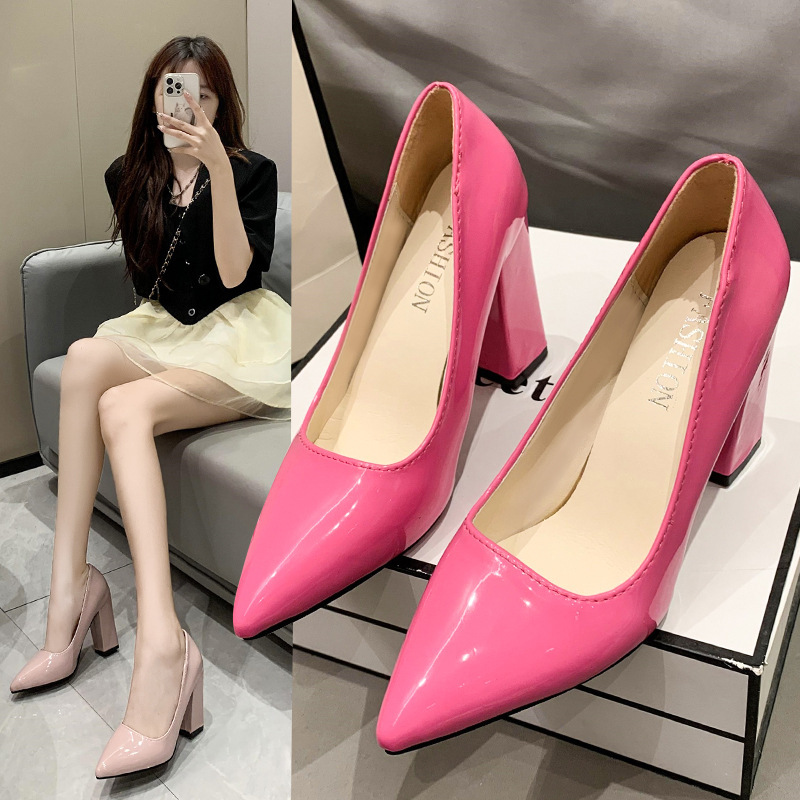 Plus Size Bright Export High Heels 2023 K-Style Cross-Border Small Fresh Candy Color Pointed Toe Shallow Thick Heel Women's Shoes
