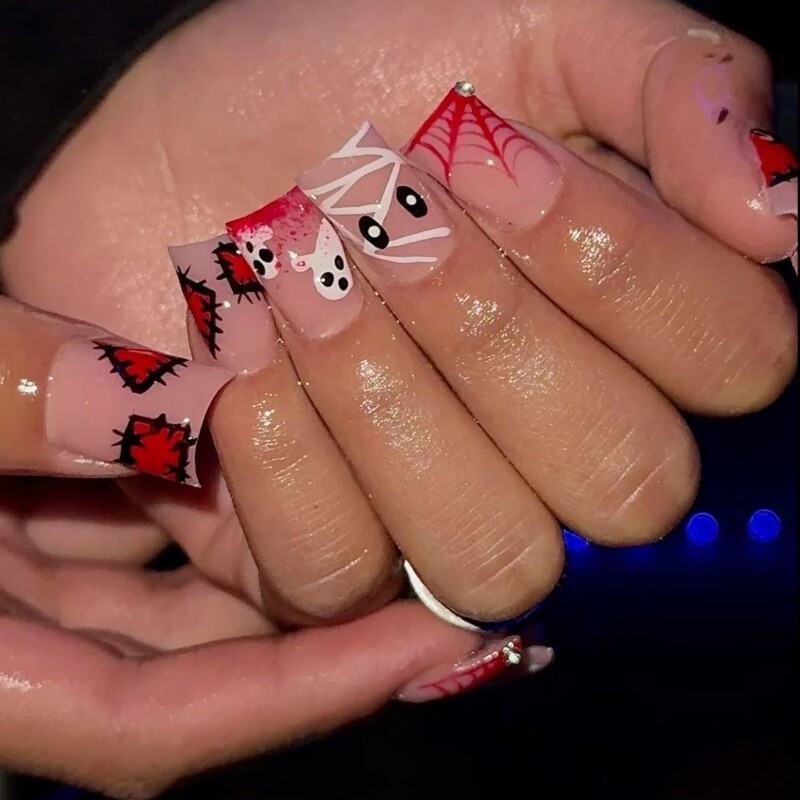 Red and Black Spider Web Little Ghost Nail Art Halloween Cartoon Cute Short Trapezoidal Nail Pieces Hand-Painted Finished Nail Art Red and Black Spider Web Little Ghost Nail Art Halloween Cartoon Cute Short Trapezoidal Nail Pieces Hand-Painted Finished Nail Art