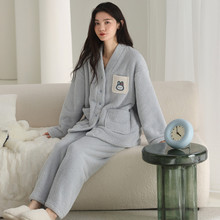 半边绒睡衣女秋冬季加绒加厚珊瑚绒保暖可外穿开衫和服家居服套装