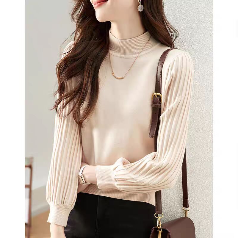 2025新款秋冬针织衫半高领保暖泡泡袖打底衫小个子内搭慵懒风毛衣