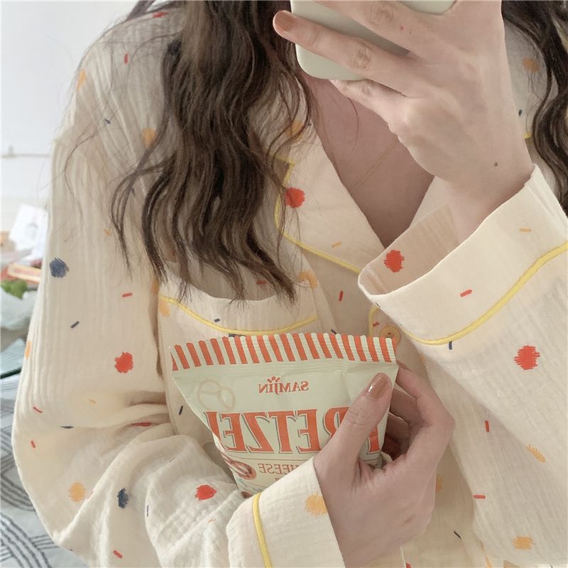 (2개) 봄과 가을 새로운 파자마 여성용 껍질 주름 카디건 버튼 긴 소매 바지 달콤한 소녀 홈 옷 세트 국경