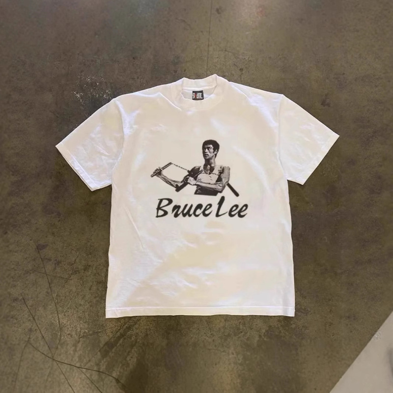 250g Heavy Cotton! American Oversize Bruce Lee Nunchaku Print Couple Loose Short-Sleeved T-Shirt for Men 250g Heavy Cotton! American Oversize Bruce Lee Nunchaku Print Couple Loose Short-Sleeved T-Shirt for Men