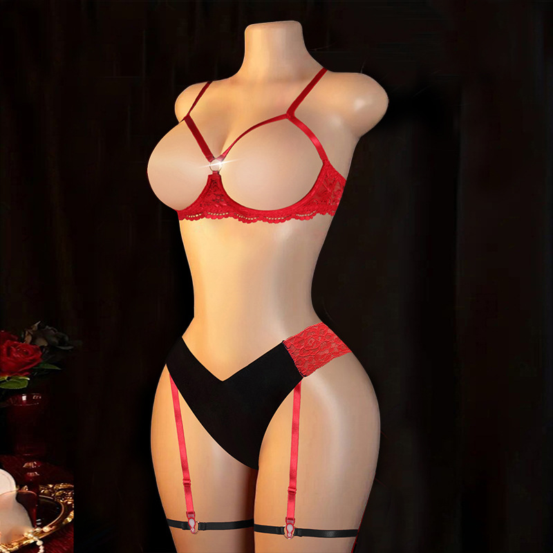 오픈 컵 브라 + 가터 팬티 + 레그 링