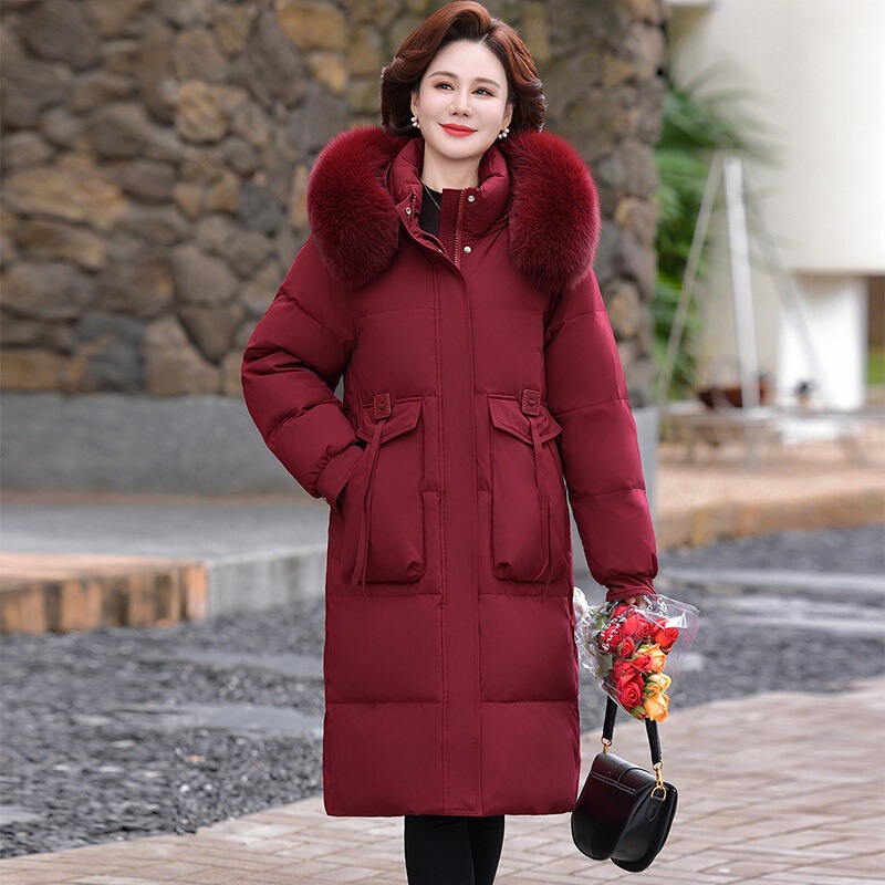 Fashion Brand Women's Classy Textured Over-The-Knee Long down Jacket for Middle-Aged and Elderly Mothers, Stylish Thickeneded Cold-Resistant Jacket