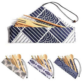 竹制刀叉勺旅行套装跨境便携餐具筷子勺子吸管布袋六件套LOGO