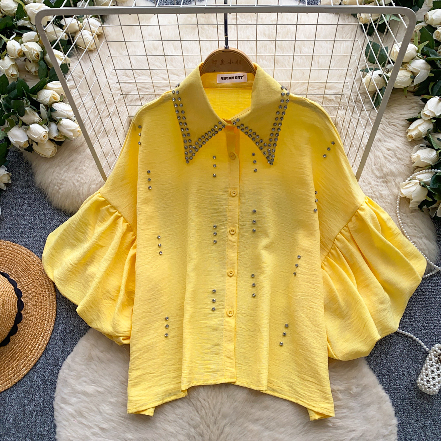 Women's French Style Rhinestone Blouse Summer Lantern Sleeve Cardigan Beaded Collar Loose Fit Versatile High End Top Heavy Duty_ecoleips.com