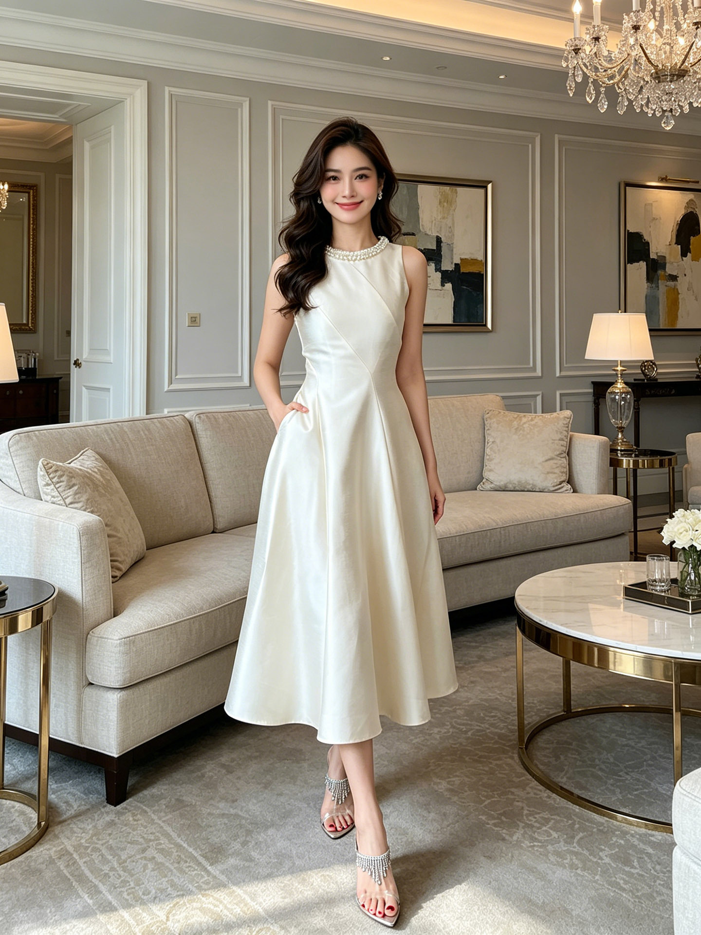 Đầm suông midi cổ tròn tay không phong cách Pháp Hepburn — đen