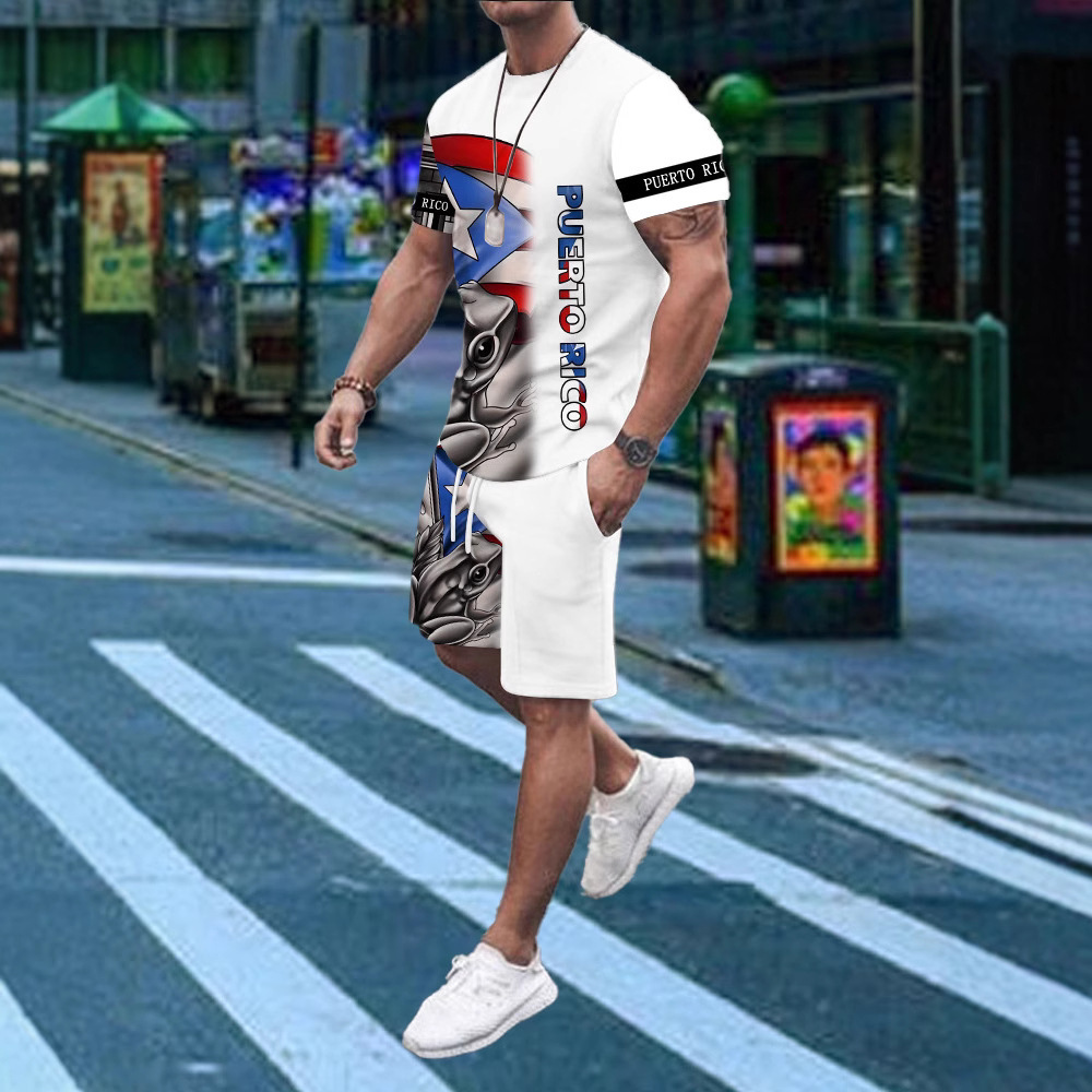 2025년 신상 유럽 및 미국 수출용 3D 디지털 열전사 프린팅 남성용 미국식 패션 트렌드 비치 스톰 티셔츠 세트