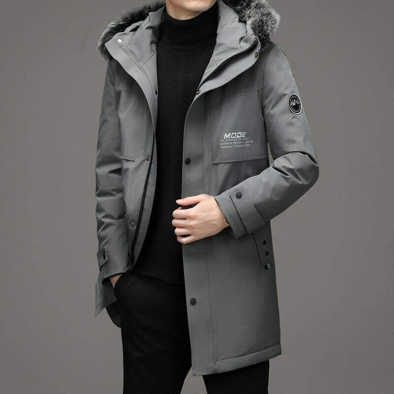 Una pieza de entrega de los hombres abajo chaqueta caliente a prueba de viento de conejo Rex Cuello de piel de media longitud de papá abajo chaqueta de los hombres abrigo