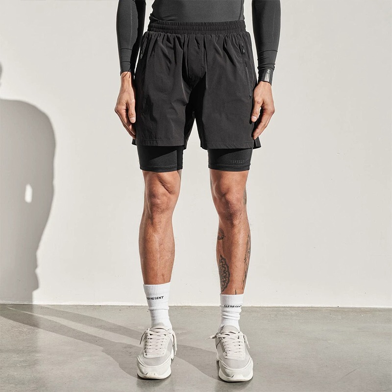 American Basketball Shorts Men's Training Knee-Length Double-Layer Lining Anti-Exposure Running Elastic Quick-Drying Sports Fitness Pants