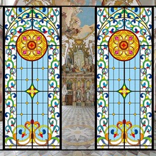 批发欧式复古玻璃贴哥特式教堂彩绘蒂凡尼仿艺术膜静电磨砂窗花纸