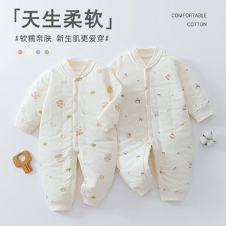 婴儿秋季衣服夹棉连体衣真棉花填充男女宝宝初秋冬薄棉哈衣爬服