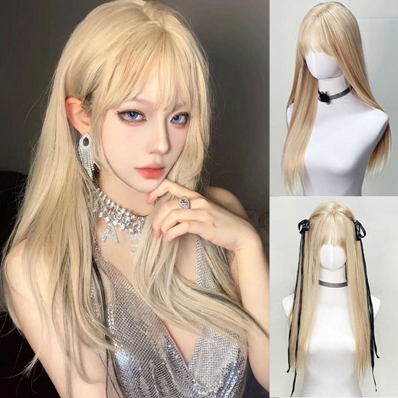 Ziqi Wig Milk Tea Platinum Color Women's Long Hair Natural Women's Group Hair Color cos Long Straight Hair Simulation Wig Set