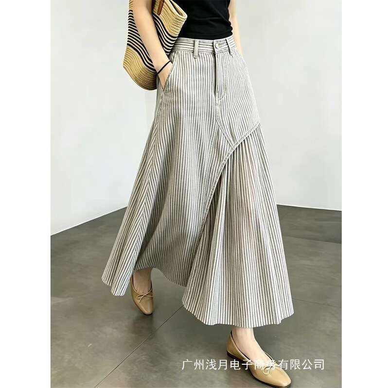 Vertical Stripe Niche Style Women's Skirt 2026 Summer New High-Waisted Commuter Korean Style Irregular A-Line Long Skirt Vertical Stripe Niche Style Women's Skirt 2026 Summer New High-Waisted Commuter Korean Style Irregular A-Line Long Skirt
