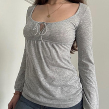 温柔风纯欲娃娃领镂空系带长袖T恤高腰A摆基础款气质秋季打底上衣