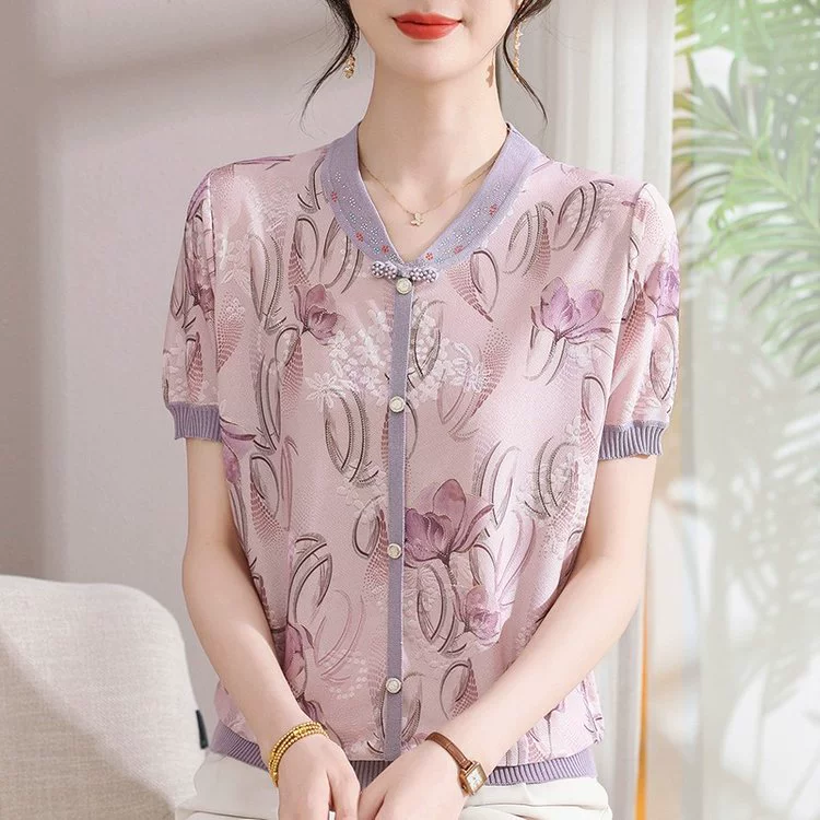 Летняя трикотажная рубашка с короткими рукавами для мамы, модная футболка из ледяного шелка, новые крутые топы для женщин среднего и пожилого возраста 2025 года.