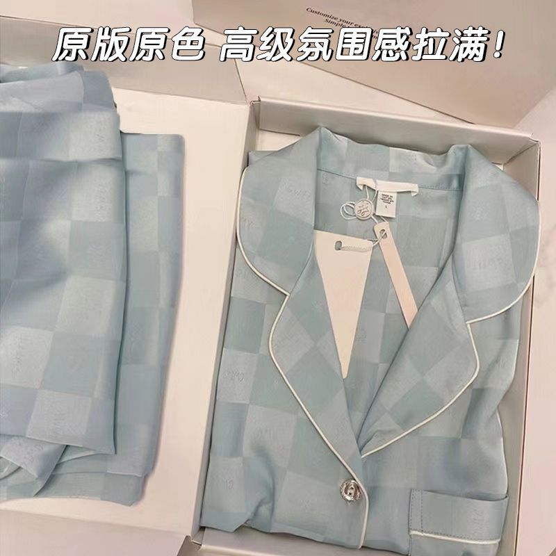 Tiffany Azul de Seda de Hielo pijamas de Las Mujeres de Primavera y Otoño de manga larga nueva seda artificial de alta calidad sedoso desgaste del hogar de dos piezas conjunto